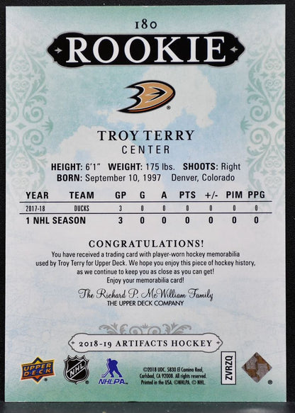 2018-19 UD Artifacts Rookie Material Silver Troy Terry Ducks RC Jersey 9945
