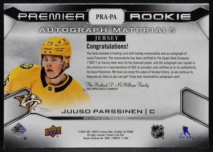 2022-23 UD Premier Materials Parssinen Predators RC Auto 41/99 Jersey 4739
