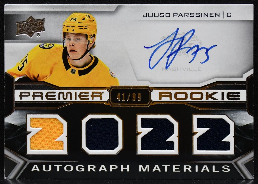 2022-23 UD Premier Materials Parssinen Predators RC Auto 41/99 Jersey 4739