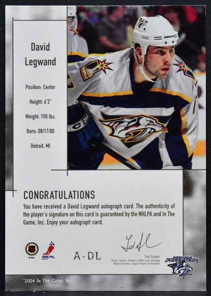 2004-05 In The Game Used Signature Series David Legwand A-DL Predators Auto 8416