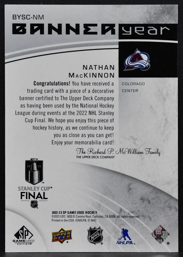SP Game Used 22 NHL Stanley Cup Final Banner Year Relics MacKinnon Jersey 3070
