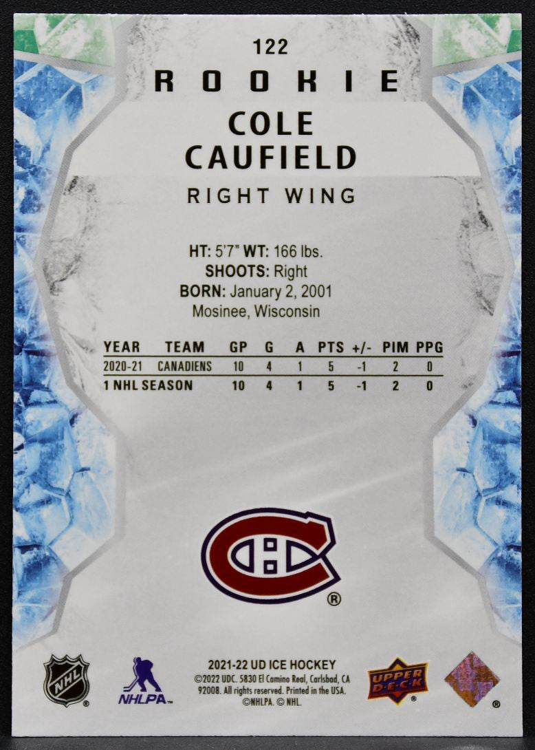 2021-22 Upper Deck Ice Rookie Green Cole Caufield 122 Montreal Canadiens RC 3998