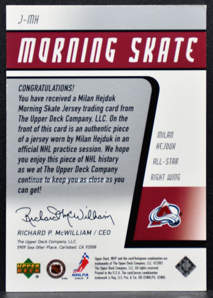 2001-02 Upper Deck MVP Morning Skate Milan Hejduk J-MH Jersey 4217