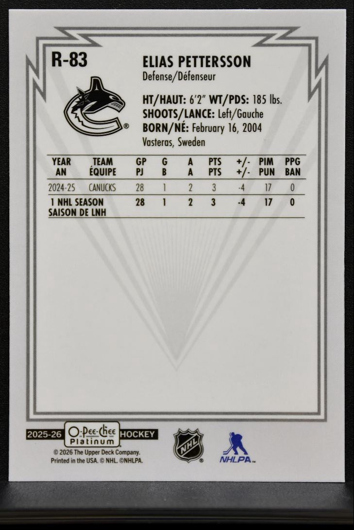 2025-26 O Pee Chee Platinum Rookie Retro Elias Pettersson R-83 Canucks RC 7634