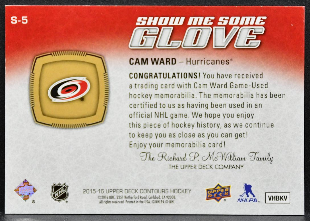2015-16 UD Contours Show Me Some Glove Jersey Cam Ward Hurricanes Jersey 6517