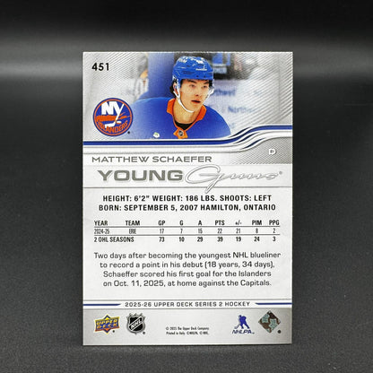 2025-26 UD Series 2 Young Guns Matthew Schaefer #2 NY Islanders 451 RC
