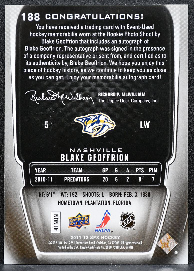 2011-12 SPx Rookie Jersey Auto Blake Geoffrion RC Auto 326/799 Jersey 2053
