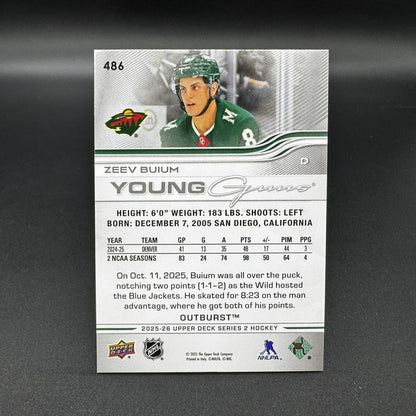 2025-26 UD Series 2 Young Guns Outburst Zeev Buium 486 Minnesota Wild RC