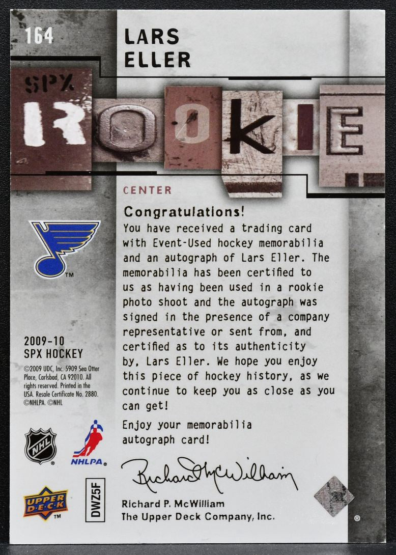 2009-10 SPx Rookie Jersey Auto Lars Eller 164 Blues RC Auto 072/799 0635