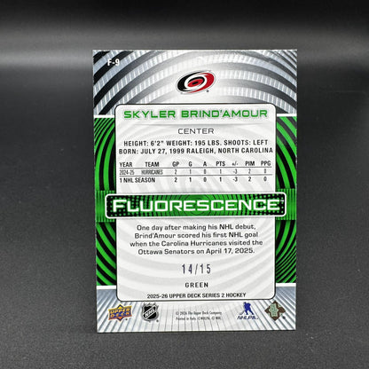 2025-26 UD Series 2 Fluorescence Green Skyler Brind'amour Carolina Hurricanes F-9 /15