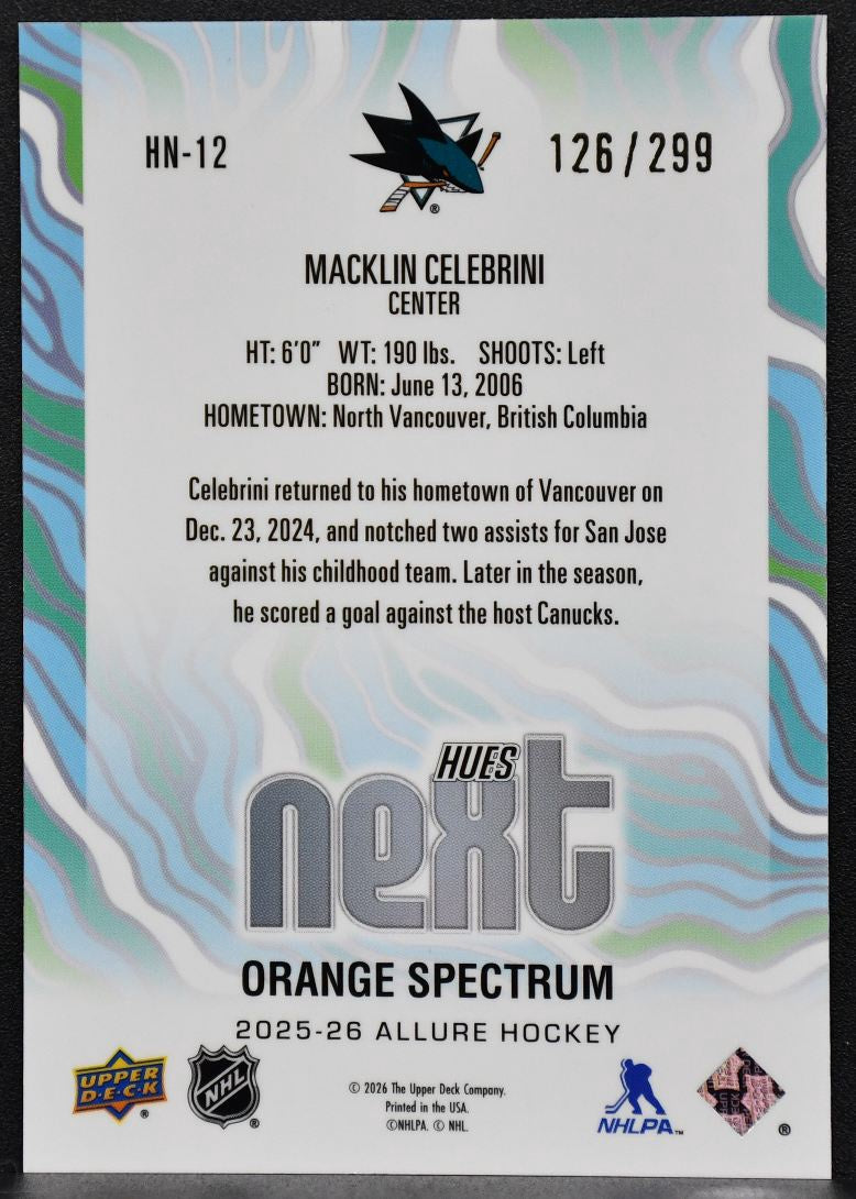 25-26 UD Allure Hues Next Orange Spectrum Macklin Celebrini HN-12 Sharks 126/299 4657
