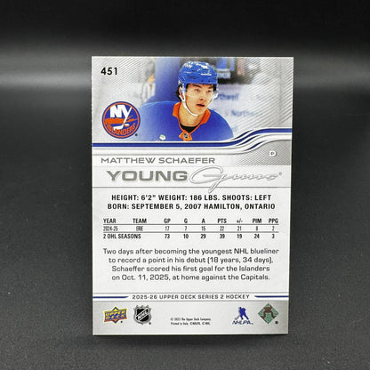 2025-26 UD Series 2 Young Guns 451 Matthew Schaefer NY Islanders RC MP