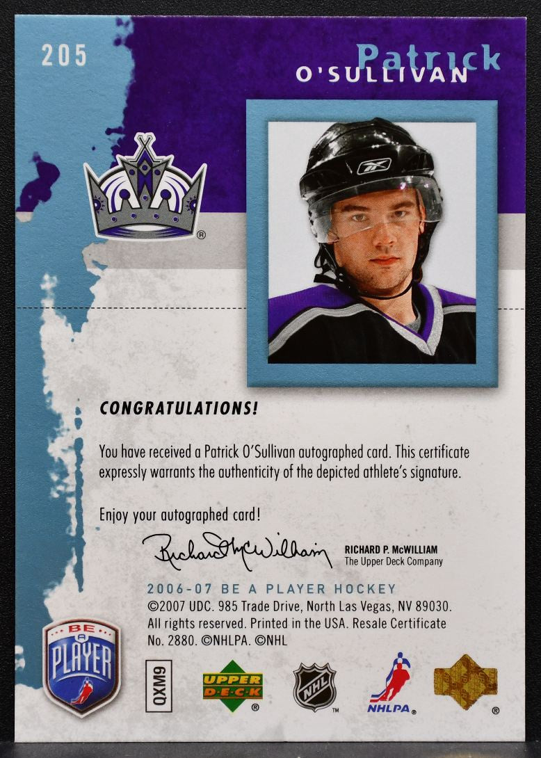 2006-07 Upper Deck Be A Player Rookie Auto Patrick O'Sullivan Kings RC Auto 1803