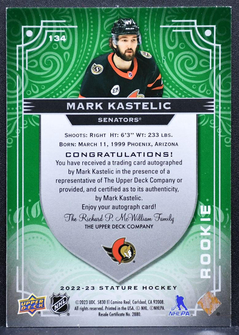 2022-23 UD Stature Rookie Autographs Green Mark Kastelic RC Auto 31/65 9145