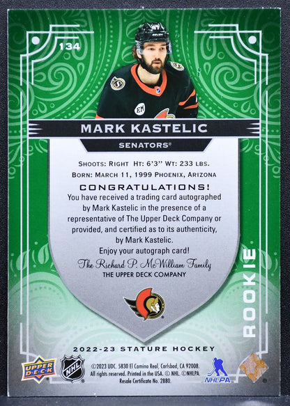 2022-23 UD Stature Rookie Autographs Green Mark Kastelic RC Auto 31/65 9145
