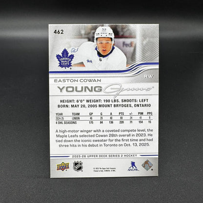2025-26 UD Series 2 Young Guns Easton Cowan Toronto Maple Leafs 462 RC