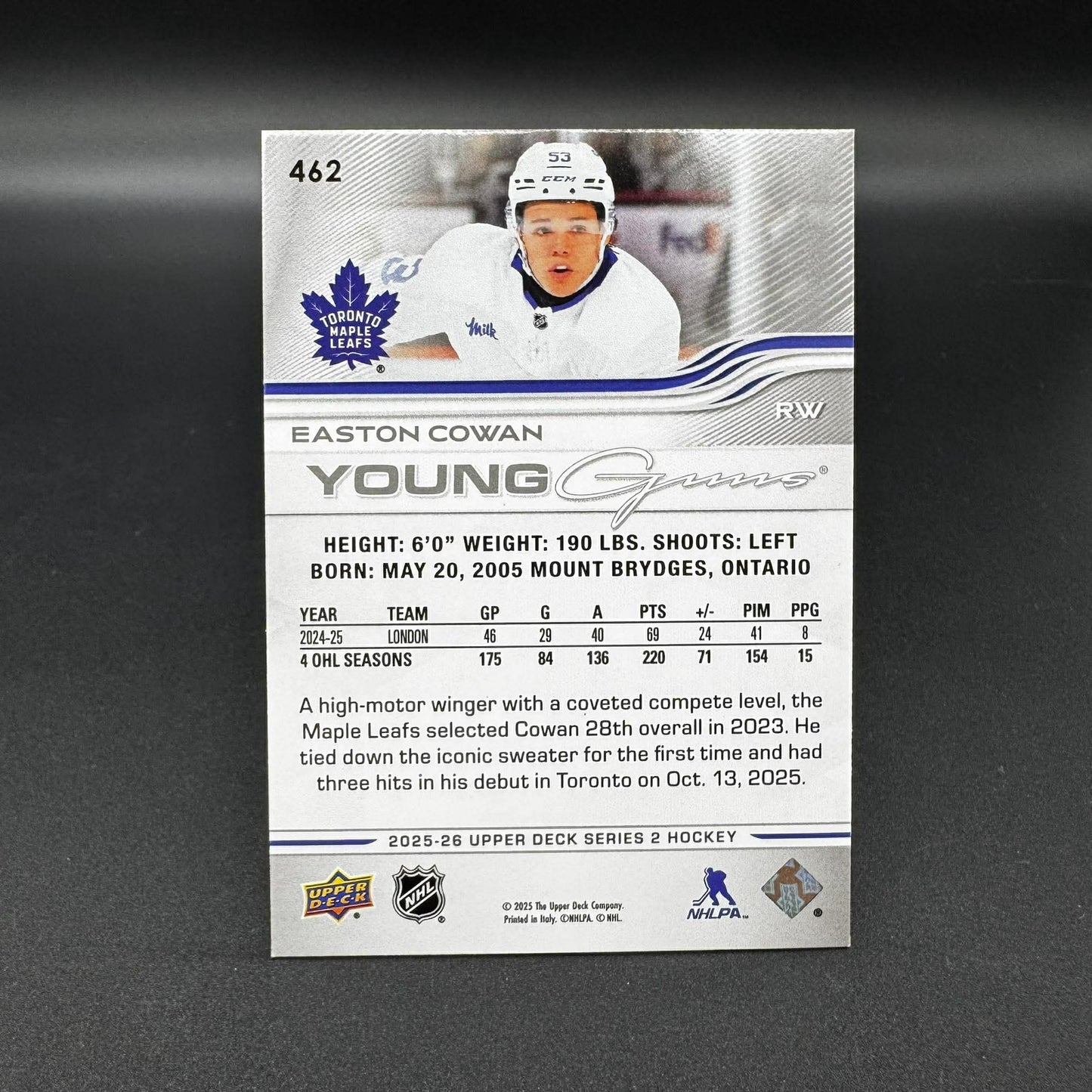 2025-26 UD Series 2 Young Guns Easton Cowan 462 Toronto Maple Leafs RC