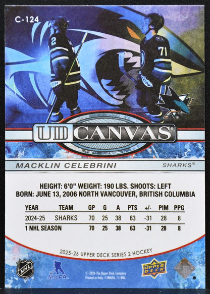 2025-26 Upper Deck Series 2 UD Canvas Macklin Celebrini C-124 Sharks 3992