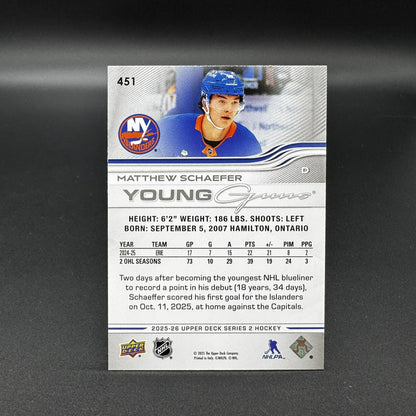 2025-26 UD Series 2 Young Guns 451 Matthew Schaefer NY Islanders RC