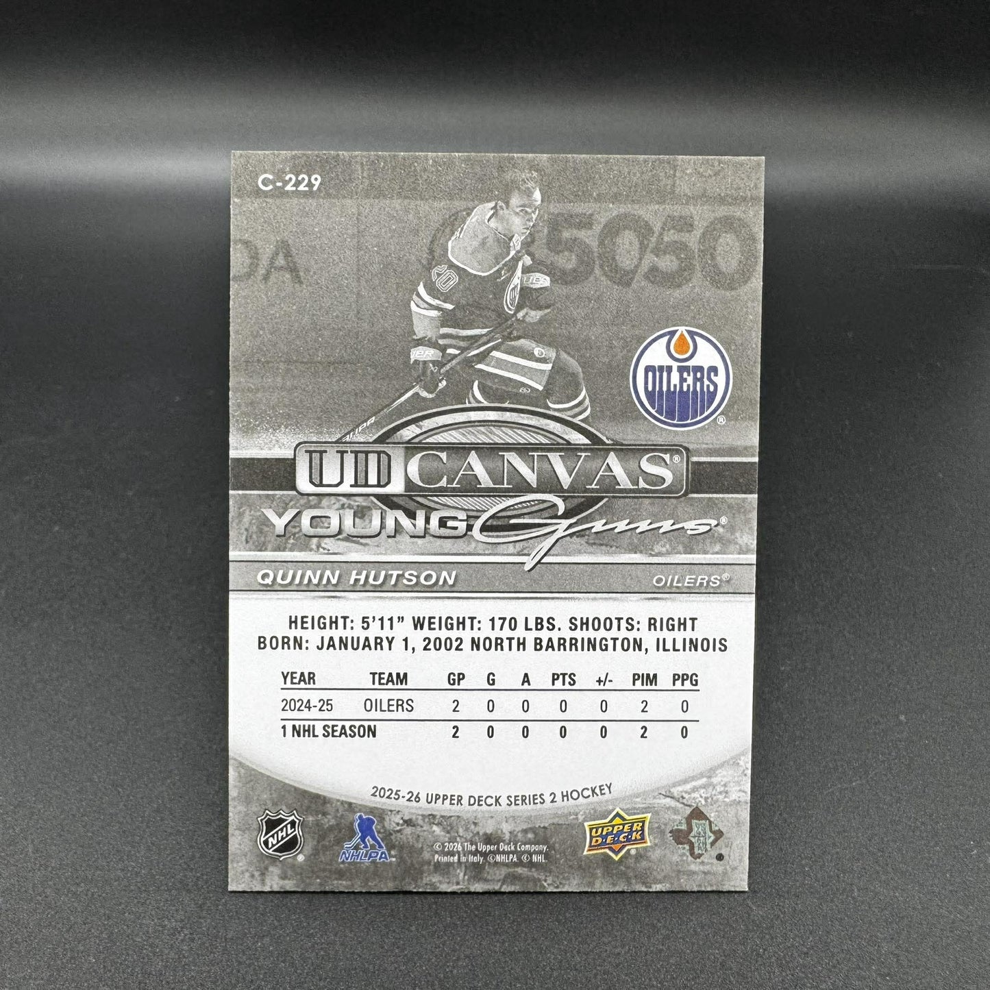 2025-26 UD Canvas Black Young Guns Quinn Hutson Edmonton Oilers RC