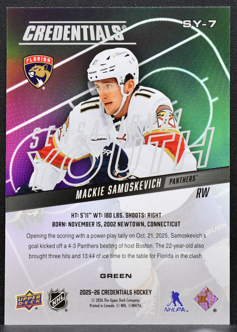 2025-26 UD Credentials Sensational Youth Green Mackie Samoskevich Panthers 8082