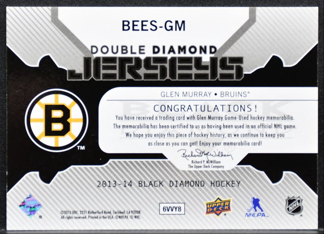 2013-14 UD Black Diamond Double Jerseys Glen Murray BEES-GM Bruins Jersey 4701