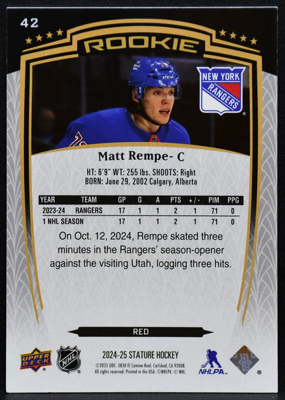 2024-25 Upper Deck Stature Rookie Red Matt Rempe 42 Rangers RC 064/249 4913
