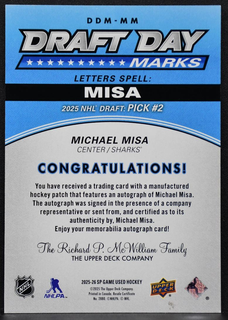 25-26 SP Game Used Draft Day Marks Michael Misa AR-MM Sharks RC Auto 01/35 Patch 4589