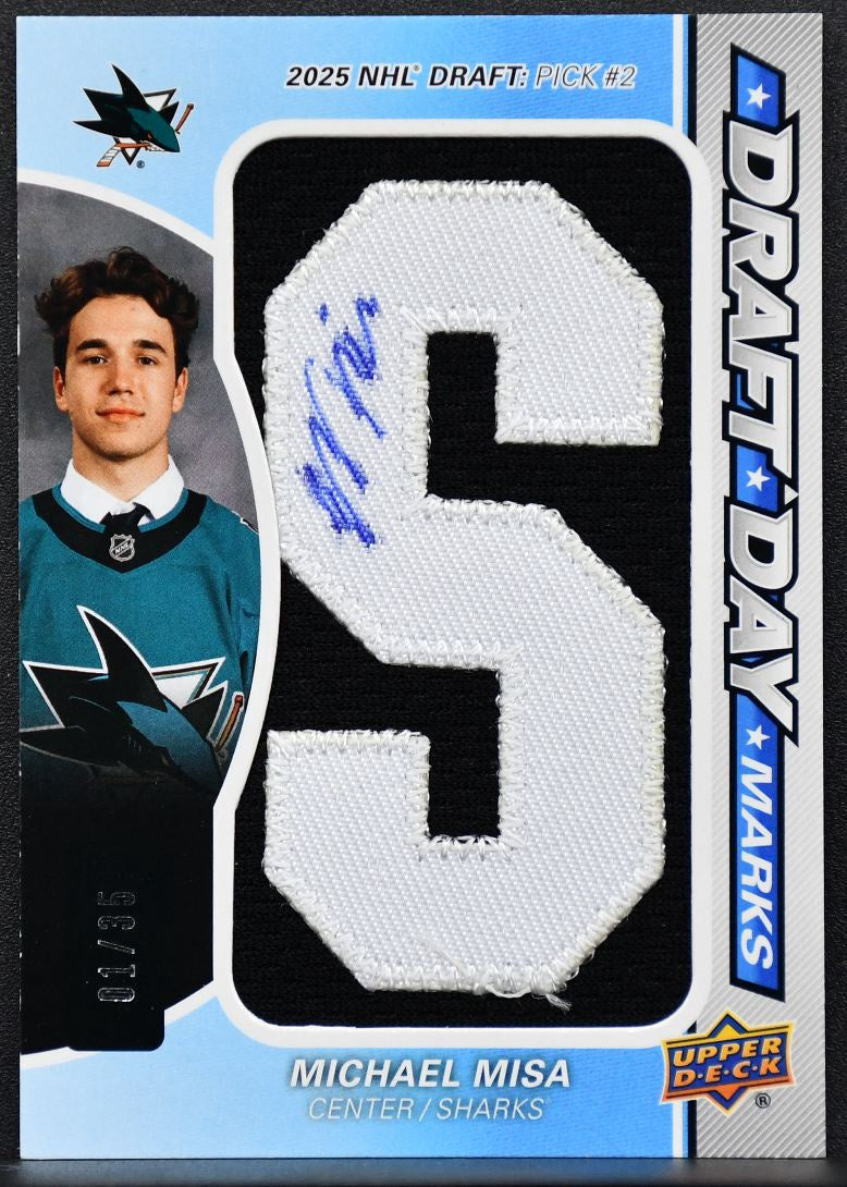 25-26 SP Game Used Draft Day Marks Michael Misa AR-MM Sharks RC Auto 01/35 Patch 4589