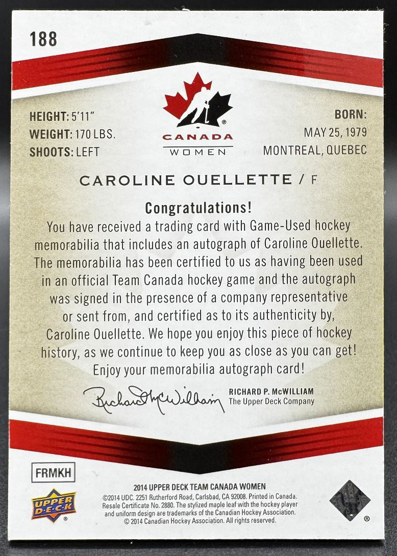 2014-15 UD Team Canada Juniors Base Jerseys Caroline Ouellette 188 Canada Patch