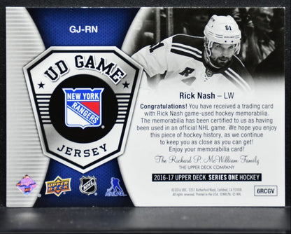 2016-17 Upper Deck Series 1 UD Game Jerseys Rick Nash GJ-RN Rangers Jersey 4794