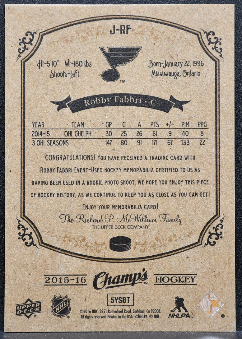 2015-16 Upper Deck Champ's Rookie Jerseys Robby Fabbri J-RF Blues RC Jersey 2950