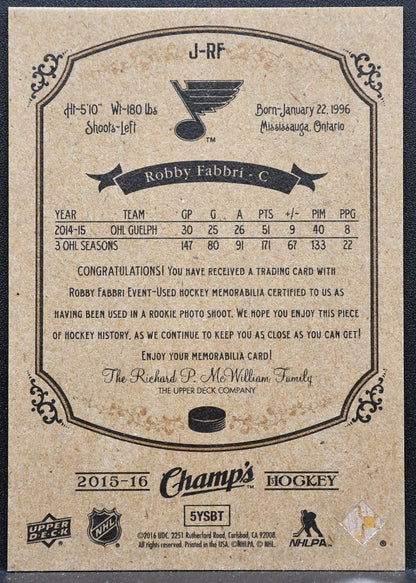 2015-16 Upper Deck Champ's Rookie Jerseys Robby Fabbri J-RF Blues RC Jersey 2950