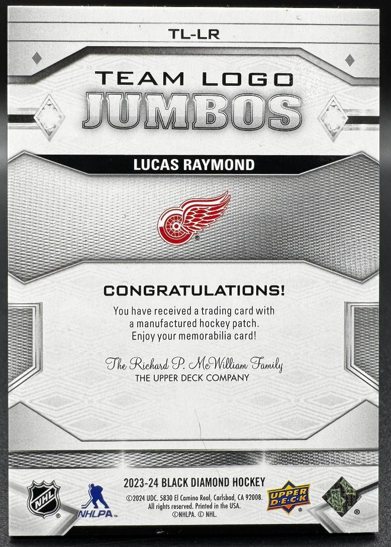 2023-24 UD Black Diamond Team Logo Jumbos Lucas Raymond Detroit Red Wings Patch