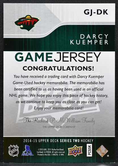 2014-15 Upper Deck Series 2 Game Jerseys Darcy Kuemper GJ-DK Wild Jersey 5319