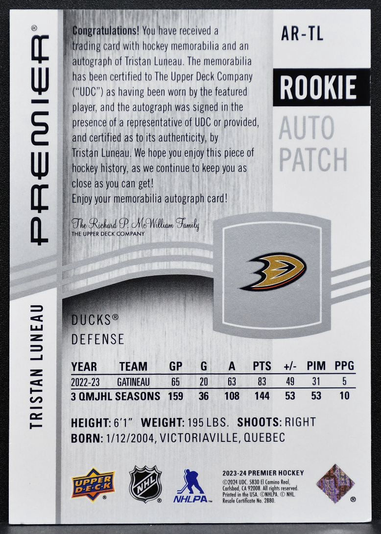 2023-24 UD Premier Acetate Rookie Auto Patch Tristan Luneau RC Auto Patch 7958