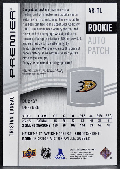 2023-24 UD Premier Acetate Rookie Auto Patch Tristan Luneau RC Auto Patch 7958
