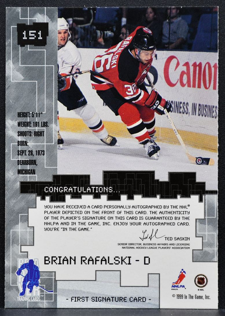 1999-100 Be a Player Millennium Autos Series Brian Rafalski Devils Auto 0132
