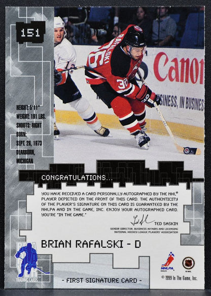 1999-100 Be a Player Millennium Autos Series Brian Rafalski Devils Auto 0132
