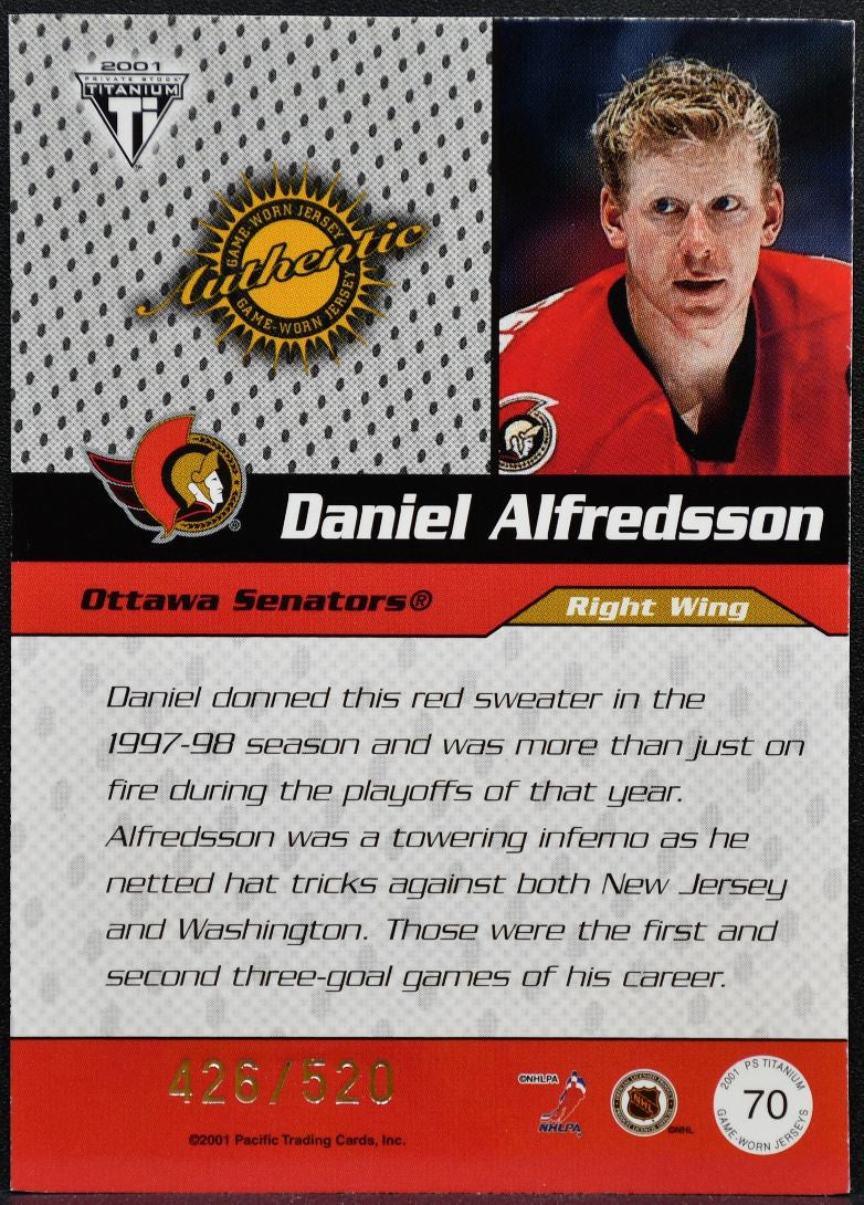 2000-01 Pacific Private Stock Titanium Draft Day Alfredsson /520 Jersey 0314