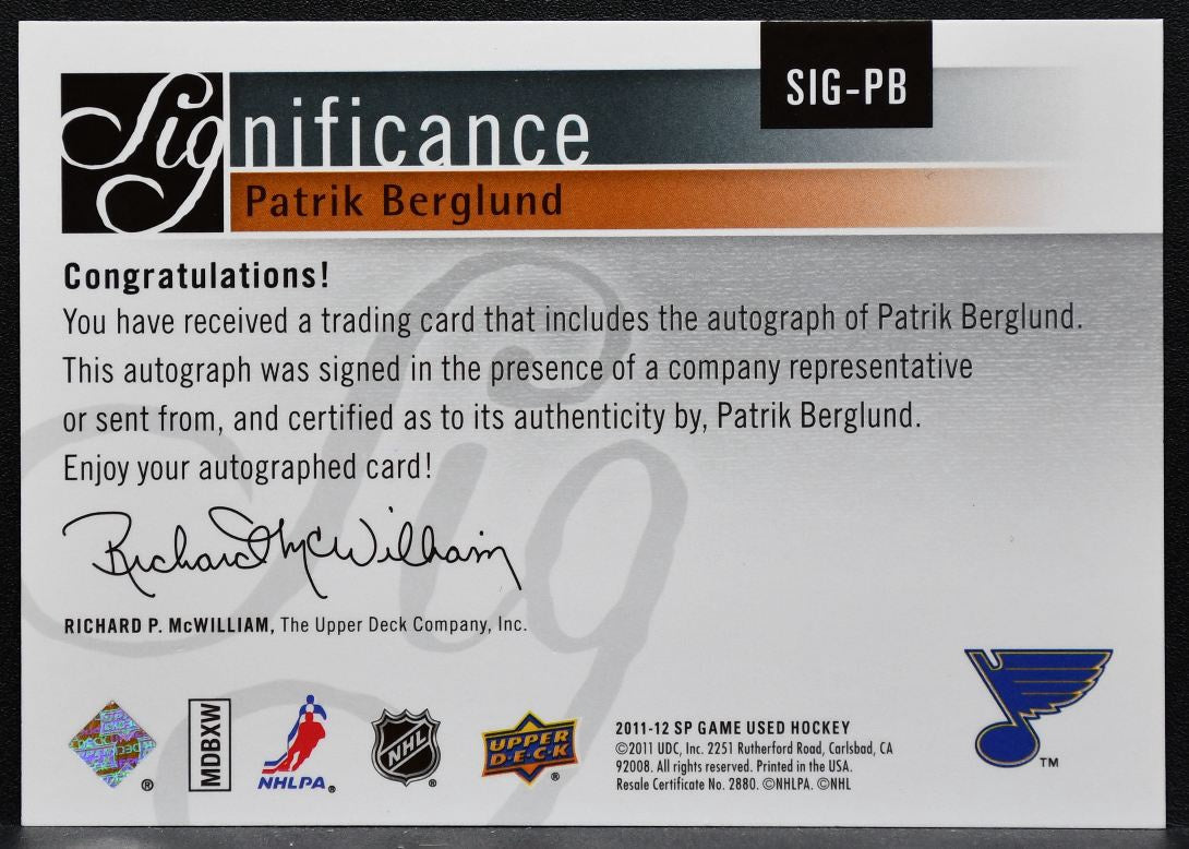 2011-12 SP Game Used SIGnificance Patrik Berglund SIG-PB Blues Auto 14/50 7590