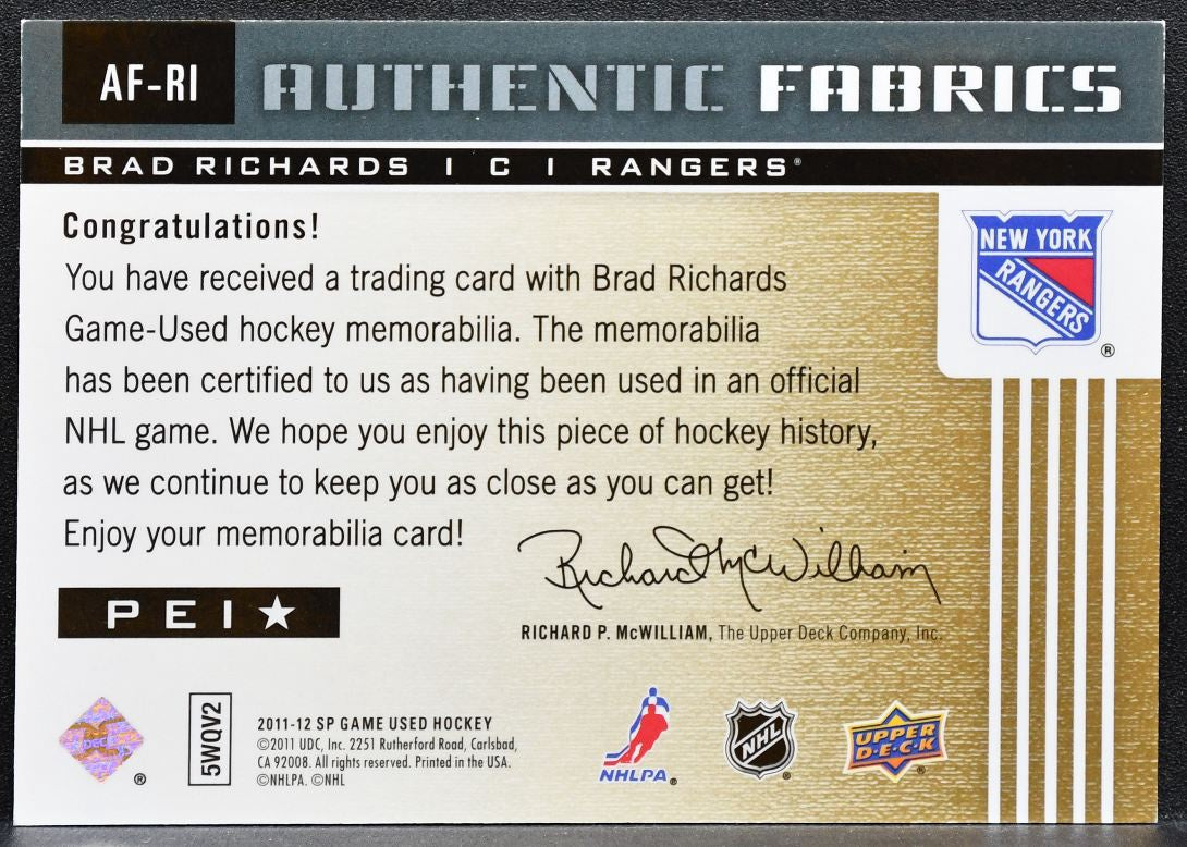 2011-12 SP Game Used Authentic Fabrics Brad Richards AF-RI Rangers Jersey 1021