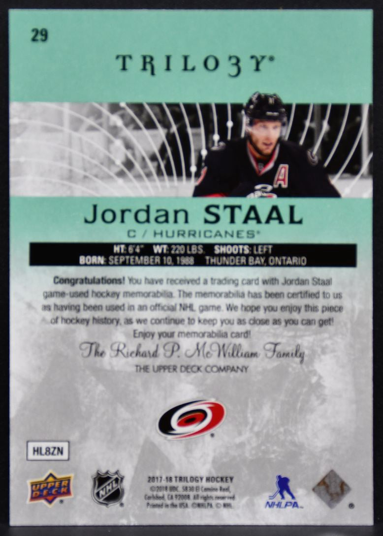 2017-18 UD Trilogy Relics  Green Foil Staal 29 Hurricanes 432/436 Jersey 3398