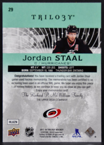 2017-18 UD Trilogy Relics  Green Foil Staal 29 Hurricanes 432/436 Jersey 3398