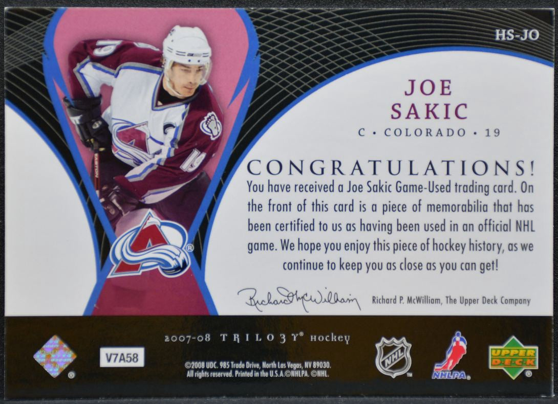 2007-08 Upper Deck Trilogy Honorary Swatches Joe Sakic Avalanche Jersey 3376