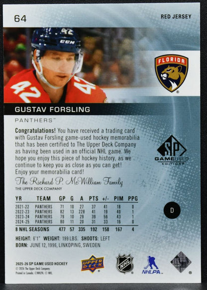 2025-26 SP Game Used Red Jersey Gustav Forsling 64 Florida Panthers Jersey 0114