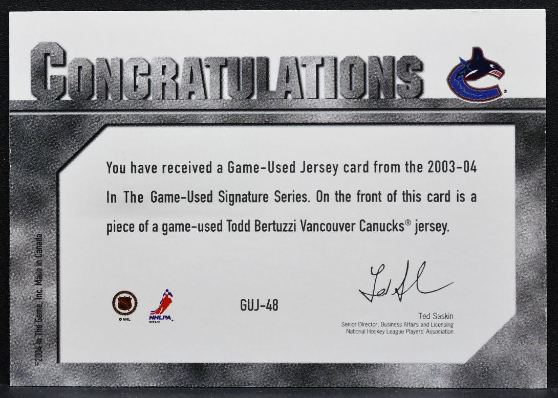 2003-04 ITG Used Signature Series Jerseys Todd Bertuzzi Canucks Patch 0918