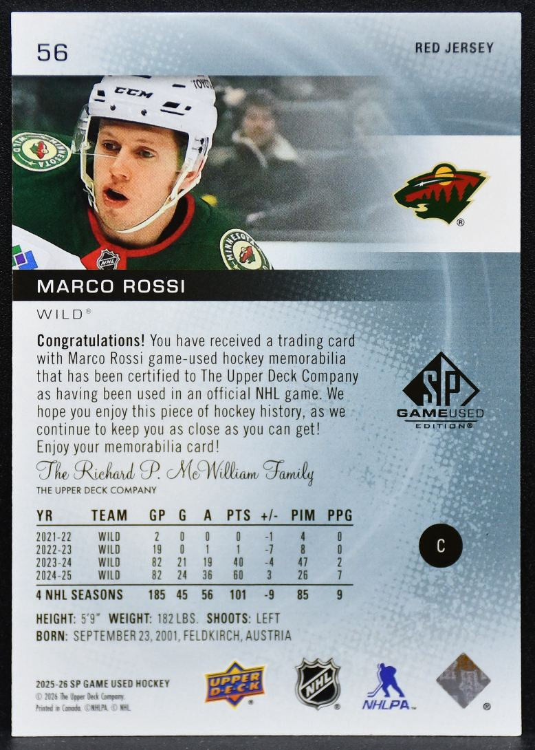 2025-26 SP Game Used Red Jersey Marco Rossi 56 Minnesota Wild Jersey 5033