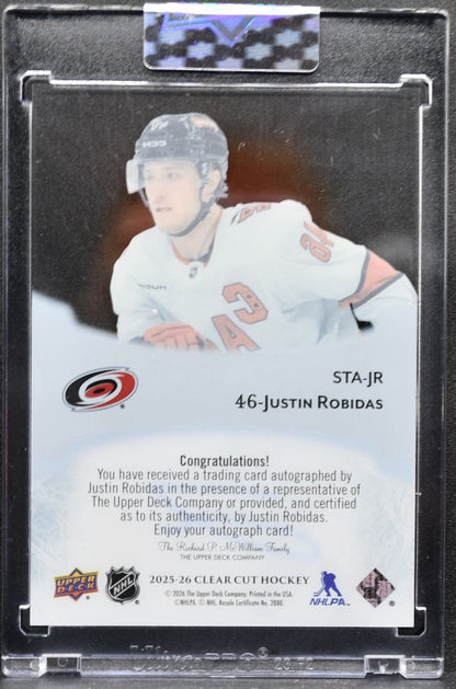 2025-26 UD Clear Cut Sign of the Times Justin Robidas Hurricanes Auto 7343