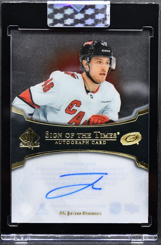 2025-26 UD Clear Cut Sign of the Times Justin Robidas Hurricanes Auto 7343